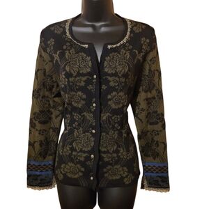 Oleana Norway Floral Knit Cardigan Sweater Olive Green Wool Silk Espeland Medium